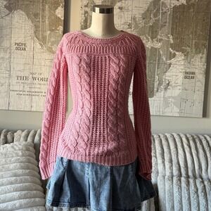 Pink Cable Knit Sweater Long Sleeve Crew Neck Pullover Cozy Warm Fashion M